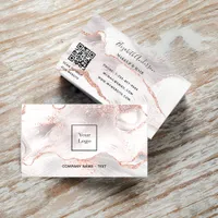 Rose gold white agate marble QR code logo Business Card