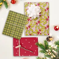 Holly Polka Dots Gingham Retro Pink Red Christmas Wrapping Paper Sheets