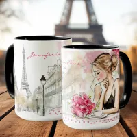 Watercolor Sketch of Paris City with Woman Coffee Mug