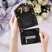 70th birthday black gold stars photo rsvp all in one invitation