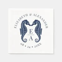 Seahorses Monogram Beach Wedding Navy Blue Napkins