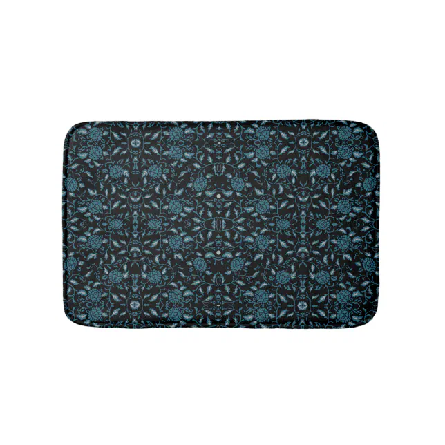 Elegant Flowery Black and Teal Damask Bath Mat