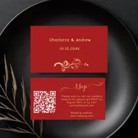 Red gold wedding response website QR code RSVP Enclosure Card