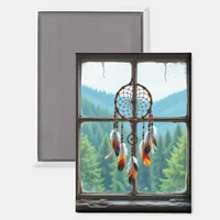 A Dreamcatcher in a Window overlooking Mountains Magnet