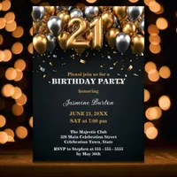 Chic Black and Gold Silver Balloon 21st Birthday Invitation