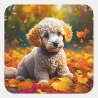 Apricot Poodle Puppy in Fall Leaves Square Sticker