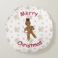 Dancing Cartoon Gingerbread Man Round Pillow