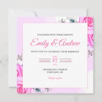 Pink Rose Wildflower Watercolor Square Wedding Invitation