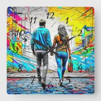 Couple Holding Hands Urban Street Art Square Wall Clock