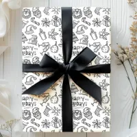 Black and White Happy Holidays Christmas Doodles Wrapping Paper