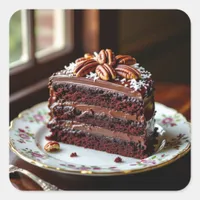 Piece of German Chocolate Cake on a Fancy Plate Square Sticker