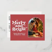 Cranberry Red and Silver Merry & Bright Retro Xmas Foil Holiday Postcard