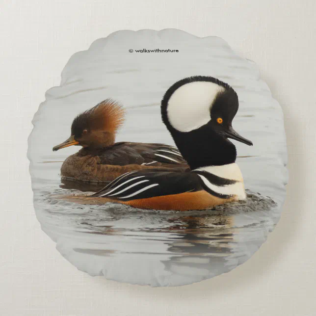 A Meeting of Hooded Mergansers Round Pillow