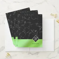 Elegant Black Marble & Lime Green Foil Monogram Pocket Folder