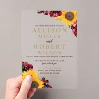 Watercolor Burgundy Sunflower Rustic Wedding Acrylic Invitations