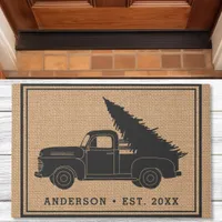 Vintage Truck Christmas Tree Family Name Rustic Doormat