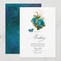 Midnight Forest Fantasy Turquoise and Gold Wedding Invitation
