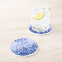 Simple Blue Brushed Metal and Glitter Monogram | Coaster