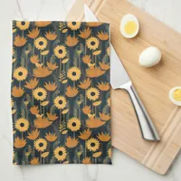 Cheerful Yellow and Orange Retro Looking Flowers Kitchen Towel