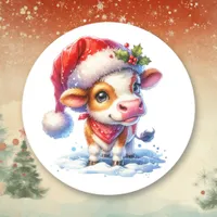 Cute Cartoon Christmas Cow in Santa Hat Classic Round Sticker