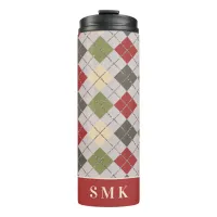 Rustic Winter Red Green Argyle Holiday Monogram Thermal Tumbler