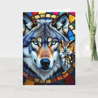 Mosaic Style Owl and Wolf | Happy Birthday Card