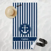 Captain Nautical Anchor Rope Navy Blue Stripes Beach Towel