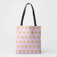 Monogrammed Pink Faux Gold Roses Floral Tote Bag