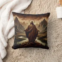 Jesus Standing in Majestic Mountains at Dusk Throw Pillow