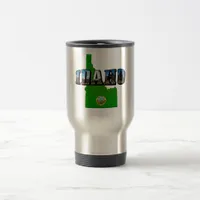 Idaho Map, Seal and Picture Text Travel Mug