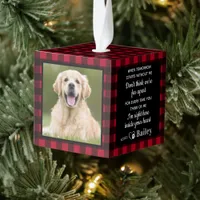 Custom 3 Photo Red Buffalo Plaid Pet Memorial Cube Ornament