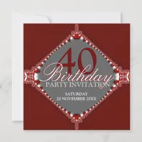 40th Dark Red & Grey Elegant Birthday Party Invita Invitation