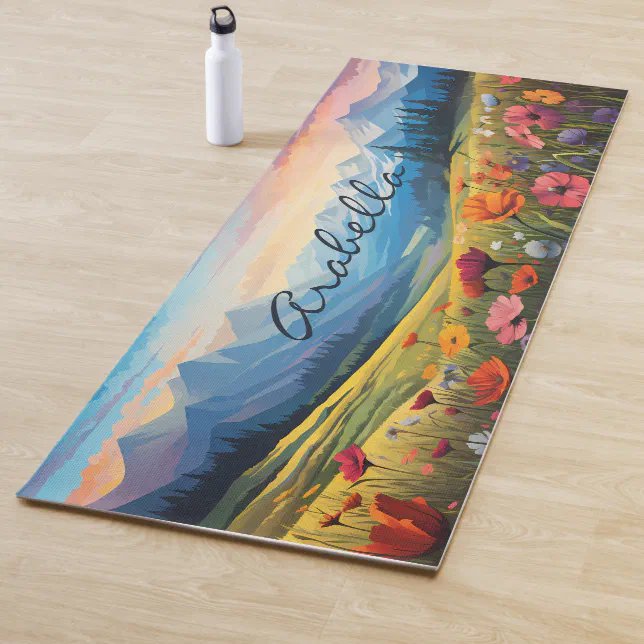 Watercolor Poppy Flowers Field Mountains Yoga Mat