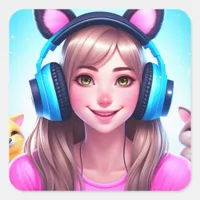 Anime Girl with Gaming Headphones Square Sticker