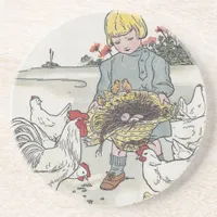 Vintage Girl With Chickens, E is an Egg Sandstone Coaster