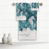 Coastal Christmas Seahorse & Snowflakes #13 ID1009 Bath Towel Set