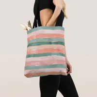 Watercolor Stripes Shades of Teal Peach Pink Tote Bag