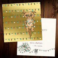 Cheer Cat; Funny Tangled Kitty in Xmas Lights Gold Holiday Card