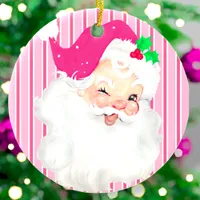 Hot Pink Vintage Santa Wink Retro Christmas Tree Ceramic Ornament