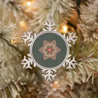 Holly Star Green Background  Snowflake Pewter Christmas Ornament