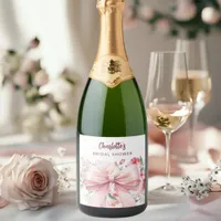 Bow pink florals bloom Bridal Shower Sparkling Wine Label