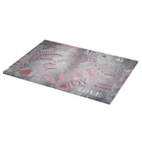 Hugs and Kisses Word Cloud Pink/Silver ID286 Cutting Board