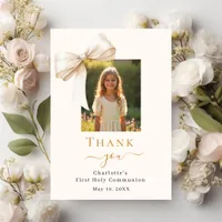 First Communion bow photo cream Thank You Card