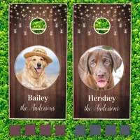 Rustic Pet Photo Modern String Lights Custom Wood Cornhole Set