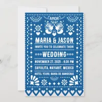 Mexican Blue Papel Picado Fiesta Folk Art Wedding Invitation