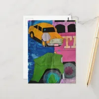 Transportation bright colors mixed media collage postcard