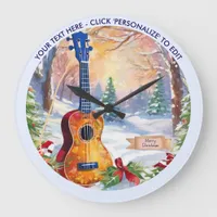 Winter Ukulele In Snow Custom Text Christmas Large Clock