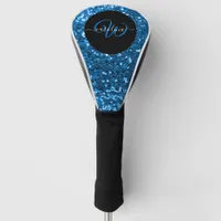 Stylish monogram blue glitter name black golf head cover