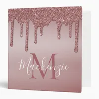 Girly Pink Rose Gold Glitter Sparkle Drips 3 Ring Binder