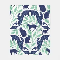 Elegant Chinoiserie Blue Mint Black Cat-Whimsical  Fleece Blanket